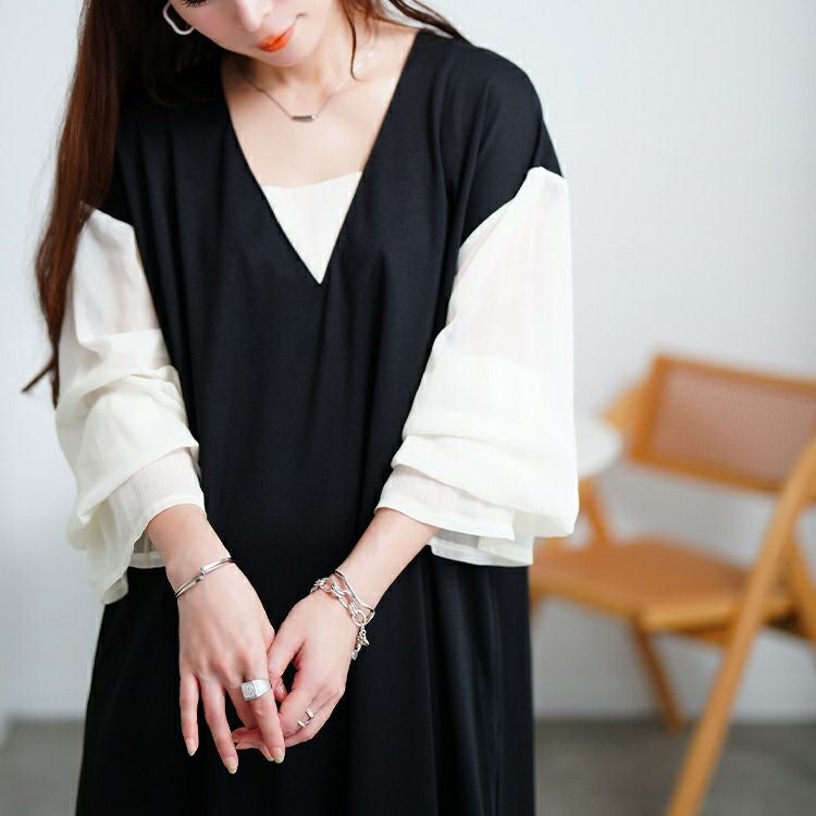 大きいサイズ レディース シアーキャンディスリーブ重ね着風ワンピース　maru-30199