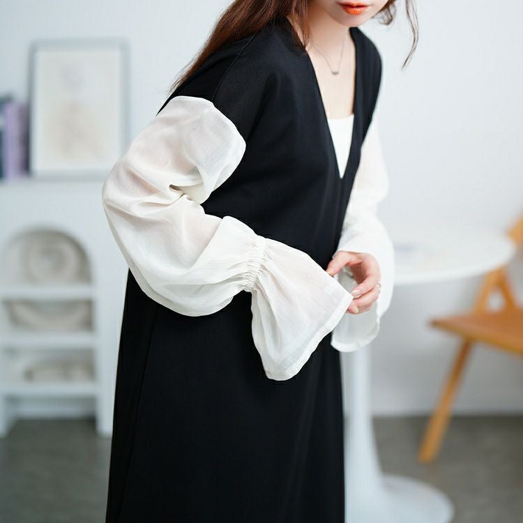 大きいサイズ レディース シアーキャンディスリーブ重ね着風ワンピース　maru-30199