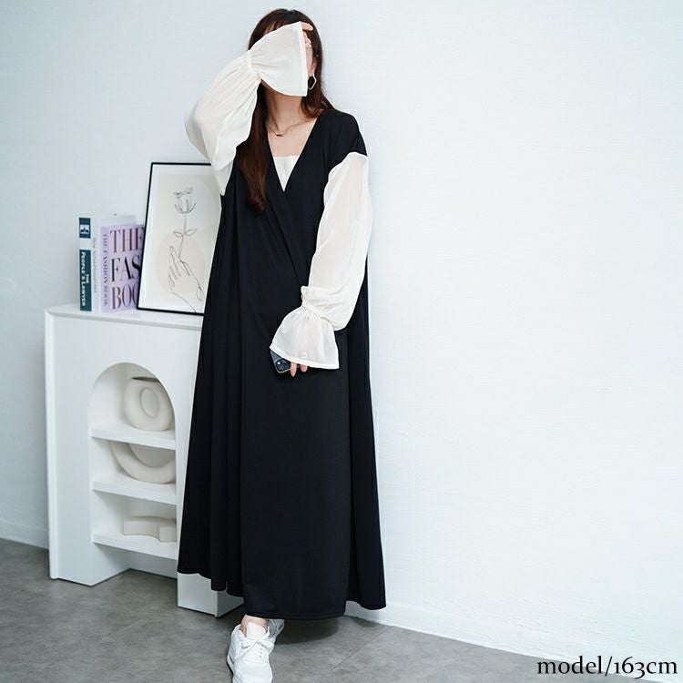 大きいサイズ レディース シアーキャンディスリーブ重ね着風ワンピース　maru-30199