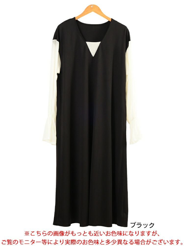 大きいサイズ レディース シアーキャンディスリーブ重ね着風ワンピース　maru-30199