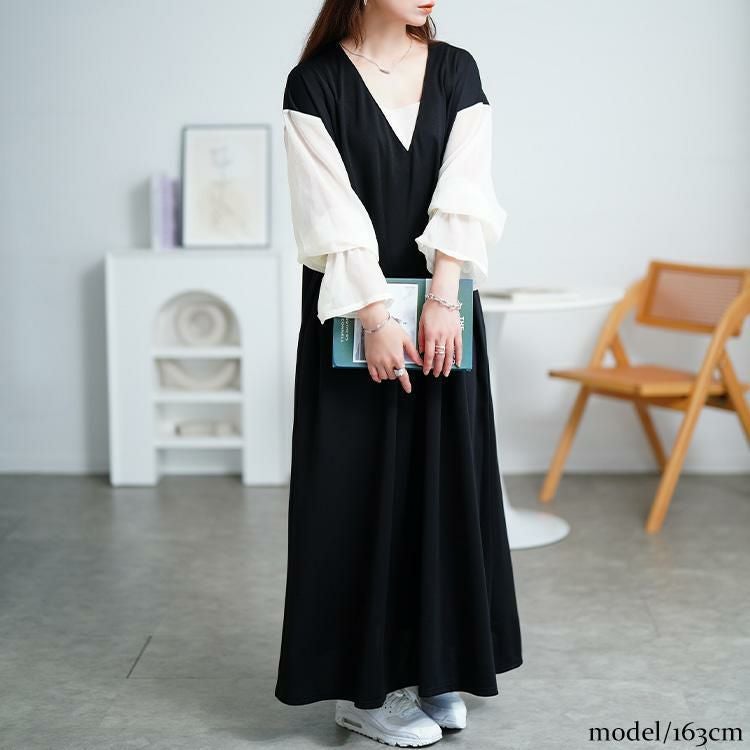 大きいサイズ レディース シアーキャンディスリーブ重ね着風ワンピース　maru-30199 ブラック