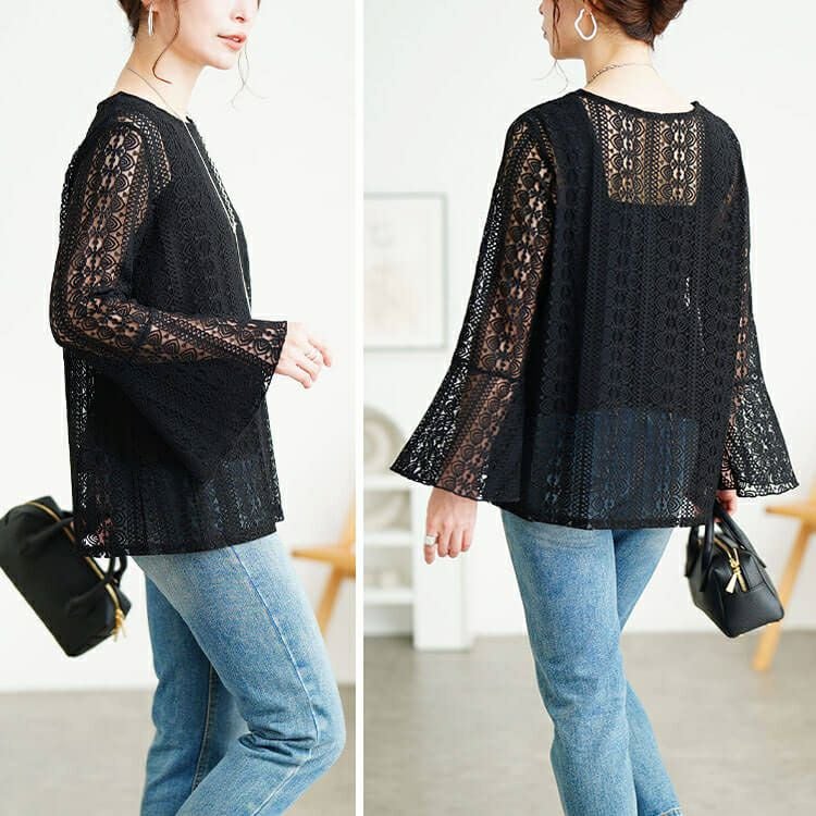 大きいサイズ レディース 花柄コードレースフレアスリーブプルオーバー　maru-30198 【メール便可】