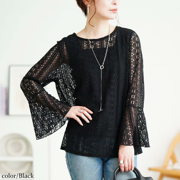 大きいサイズ レディース 花柄コードレースフレアスリーブプルオーバー　maru-30198 【メール便可】 ブラック