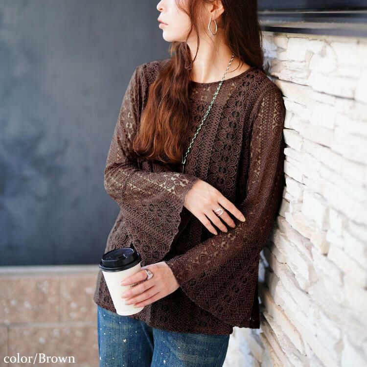 大きいサイズ レディース 花柄コードレースフレアスリーブプルオーバー　maru-30198 【メール便可】 ブラウン