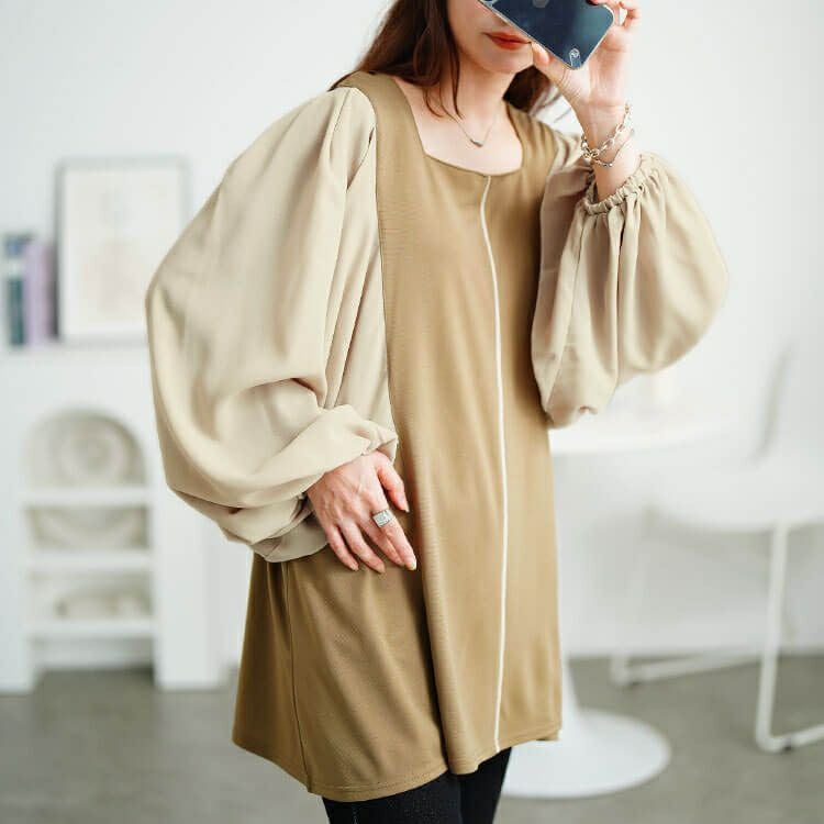 大きいサイズ レディース ドルマン切り替えパイピングチュニック　maru-30197 【メール便可】