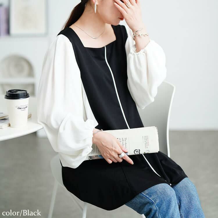 大きいサイズ レディース ドルマン切り替えパイピングチュニック　maru-30197 【メール便可】 ブラック