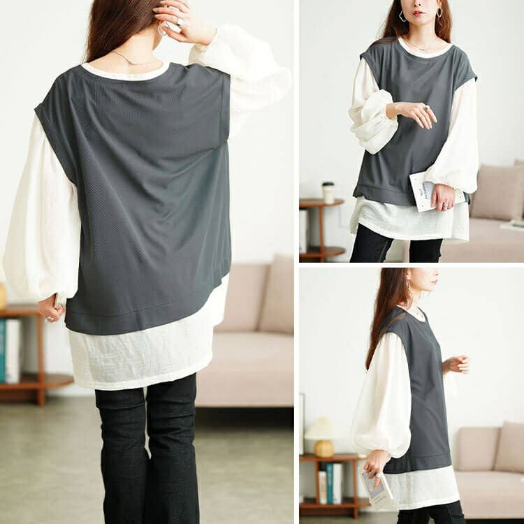 大きいサイズ レディース ワッフルベスト重ね着風チュニック　maru-30196