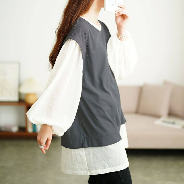 大きいサイズ レディース ワッフルベスト重ね着風チュニック　maru-30196