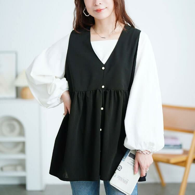 大きいサイズ レディース ペプラムベスト重ね着風チュニック　maru-30195 ブラック