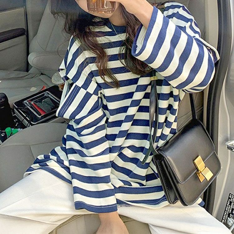 大きいサイズ レディース スリットスリーブボーダーTシャツ　goldy-1737【メール便可】