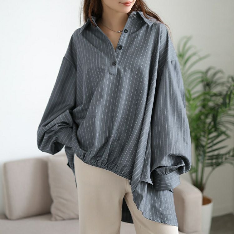 大きいサイズ レディース ストライプバックシャンボリューム袖シャツ　jp547