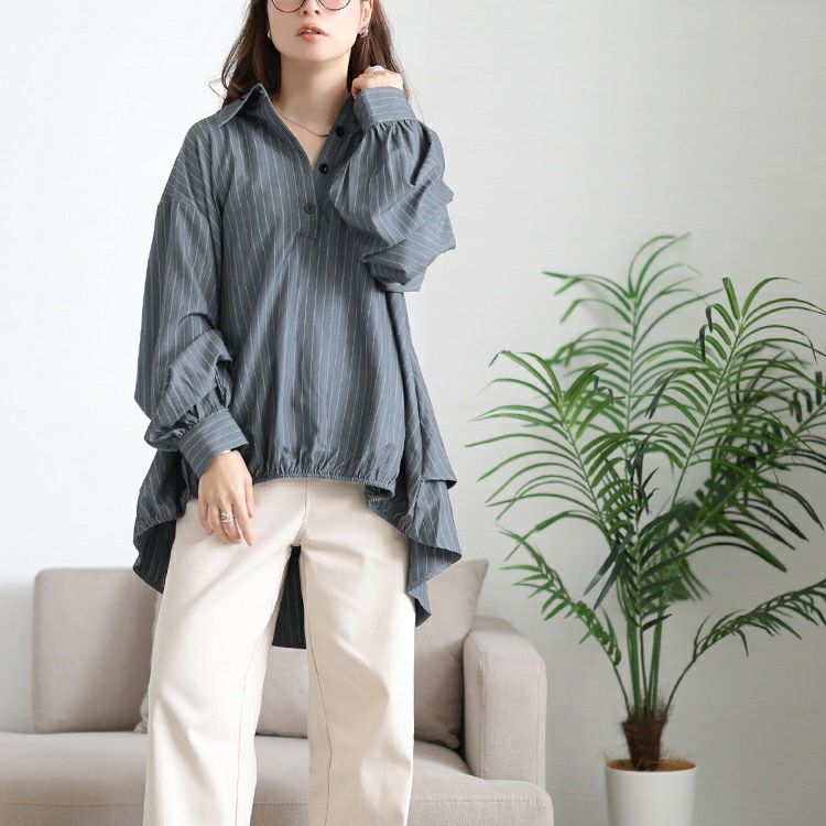 大きいサイズ レディース ストライプバックシャンボリューム袖シャツ　jp547