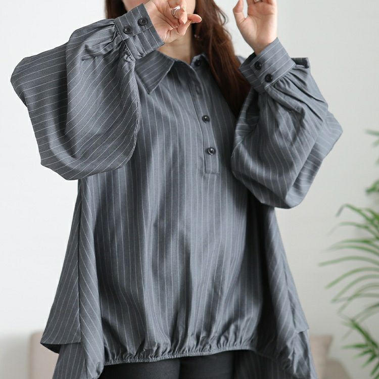 大きいサイズ レディース ストライプバックシャンボリューム袖シャツ　jp547