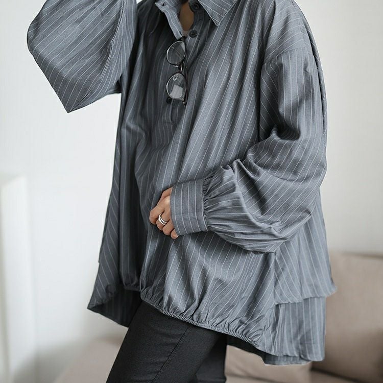 大きいサイズ レディース ストライプバックシャンボリューム袖シャツ　jp547