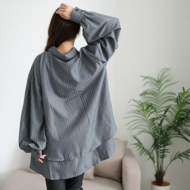 大きいサイズ レディース ストライプバックシャンボリューム袖シャツ　jp547