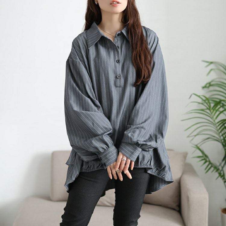大きいサイズ レディース ストライプバックシャンボリューム袖シャツ　jp547