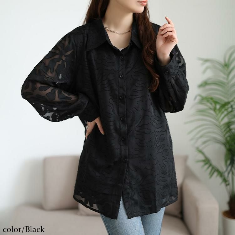 大きいサイズ レディース シアー花柄ロングシャツ　jp545 【メール便可】 ブラック