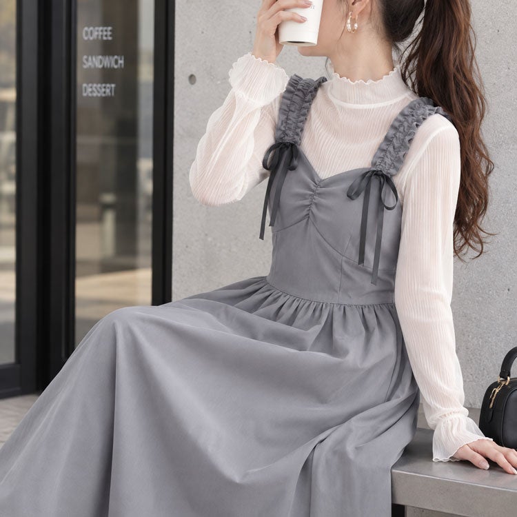 大きいサイズ レディース フリルショルダーリボンジャンパースカート　tani-36837ll