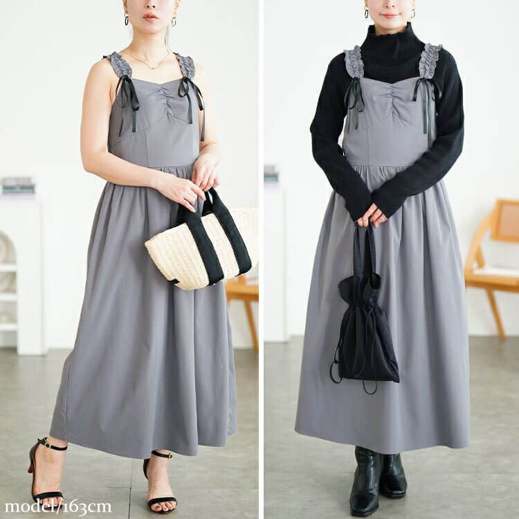 大きいサイズ レディース フリルショルダーリボンジャンパースカート　tani-36837ll