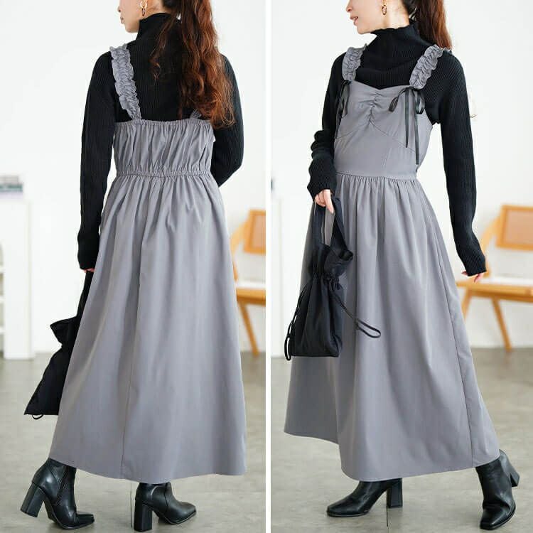 大きいサイズ レディース フリルショルダーリボンジャンパースカート　tani-36837ll