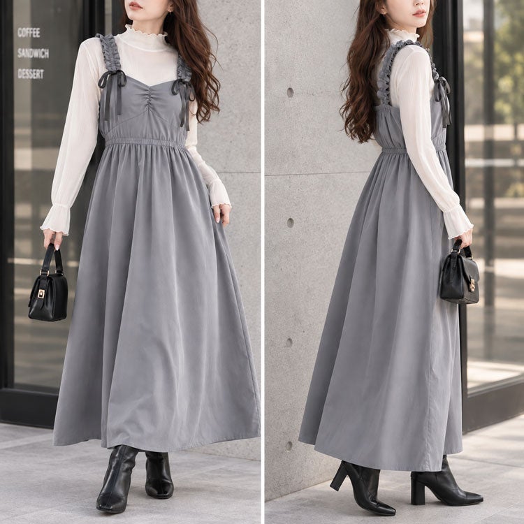 大きいサイズ レディース フリルショルダーリボンジャンパースカート　tani-36837ll