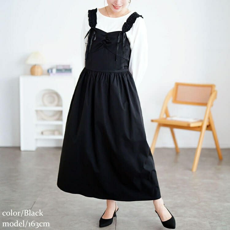 大きいサイズ レディース フリルショルダーリボンジャンパースカート　tani-36837ll