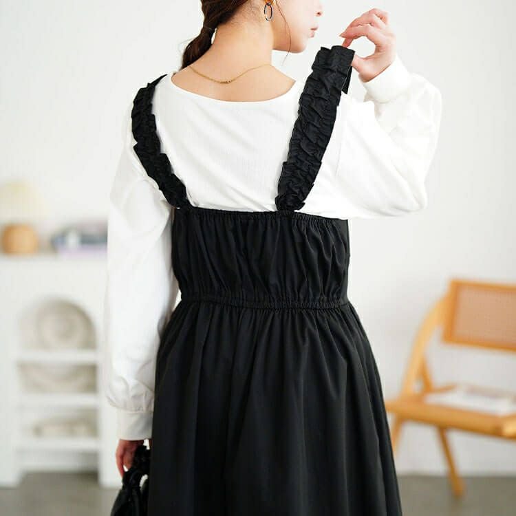 大きいサイズ レディース フリルショルダーリボンジャンパースカート　tani-36837ll