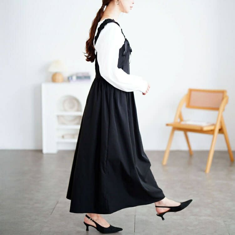 大きいサイズ レディース フリルショルダーリボンジャンパースカート　tani-36837ll