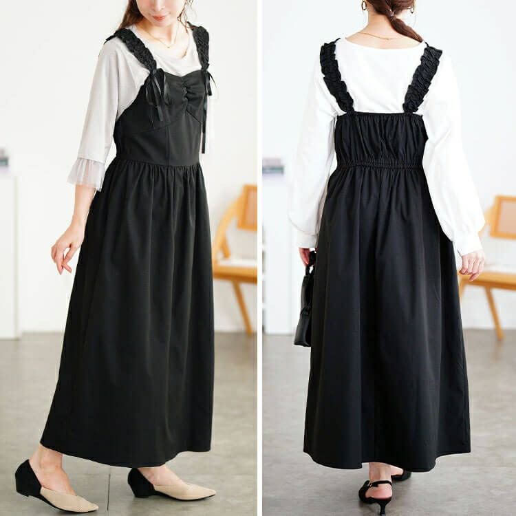 大きいサイズ レディース フリルショルダーリボンジャンパースカート　tani-36837ll