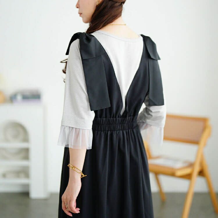 大きいサイズ レディース リボンショルダージャンパースカート　tani-15614ll