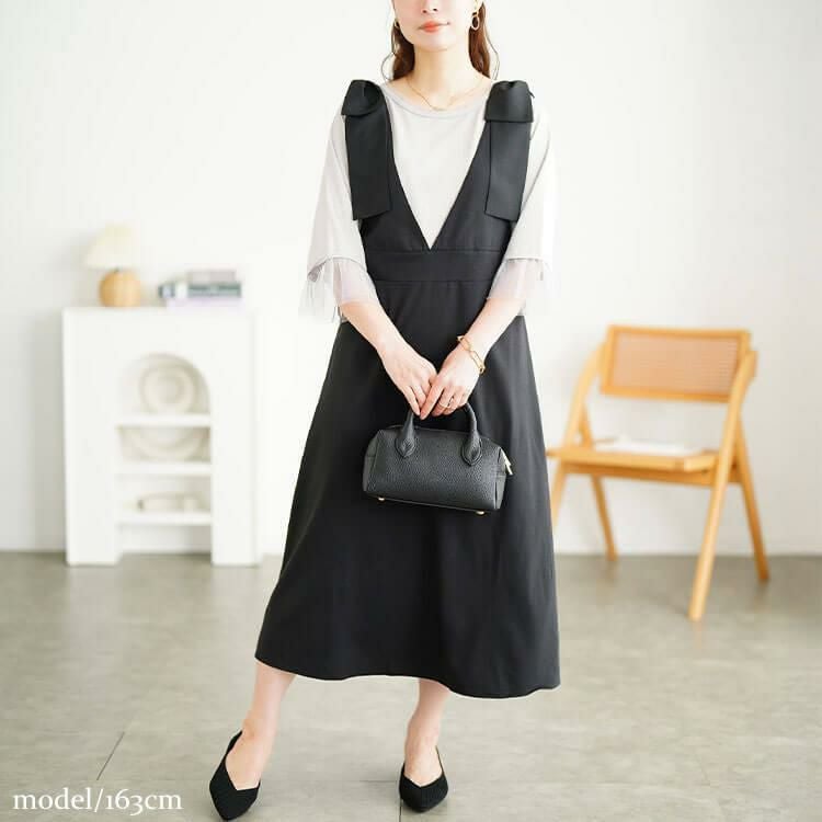 大きいサイズ レディース リボンショルダージャンパースカート　tani-15614ll ブラック