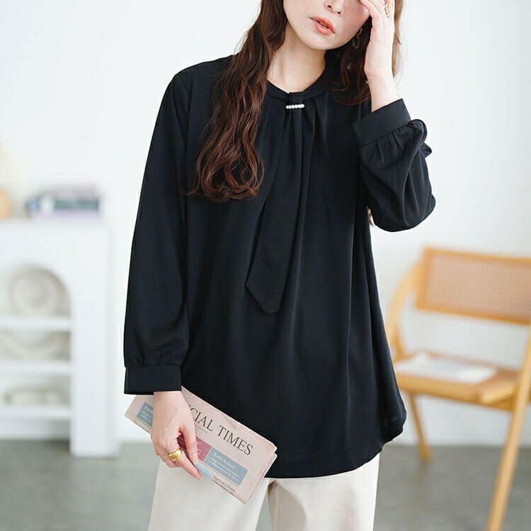 大きいサイズ レディース パールチェーン付きボウタイプルオーバー　mncut-152542 【メール便可】