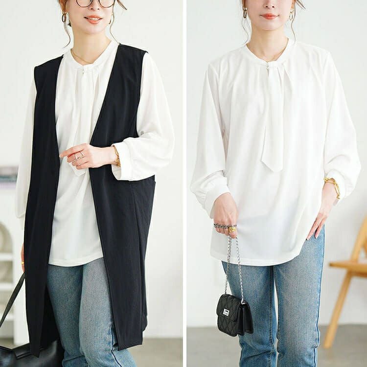 大きいサイズ レディース パールチェーン付きボウタイプルオーバー　mncut-152542 【メール便可】