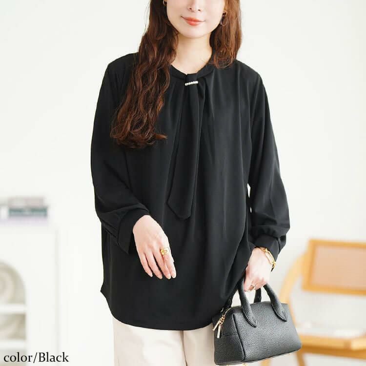 大きいサイズ レディース パールチェーン付きボウタイプルオーバー　mncut-152542 【メール便可】 ブラック