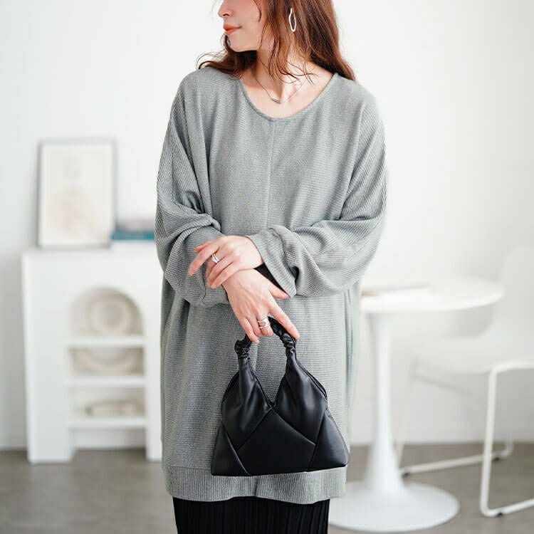 大きいサイズ レディース ラウンドネックラメリブニットチュニック　mncut-152711