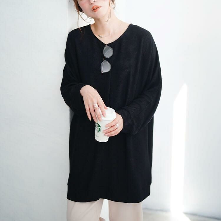 大きいサイズ レディース ラウンドネックラメリブニットチュニック　mncut-152711 ブラック