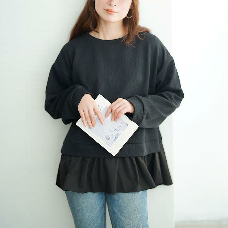 大きいサイズ レディース 幾何学カットキルト異素材プルオーバー　mncut-152568 ブラック