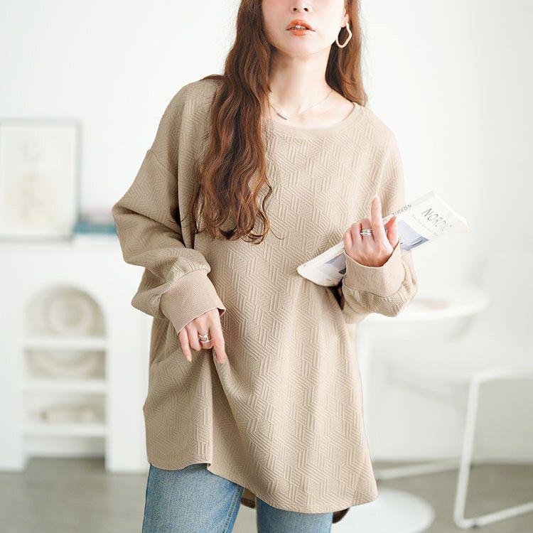 大きいサイズ レディース 幾何学柄カットキルトボートネックチュニック　mncut-152567