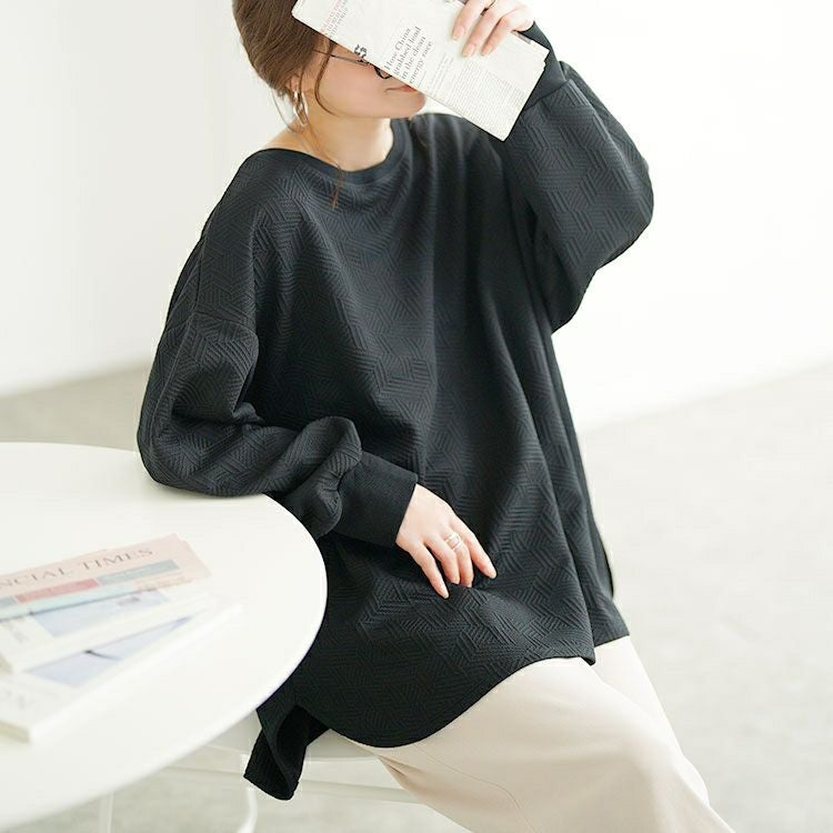 大きいサイズ レディース 幾何学柄カットキルトボートネックチュニック　mncut-152567