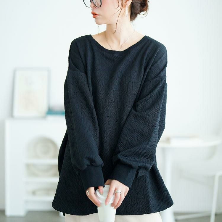 大きいサイズ レディース 幾何学柄カットキルトボートネックチュニック　mncut-152567 ブラック