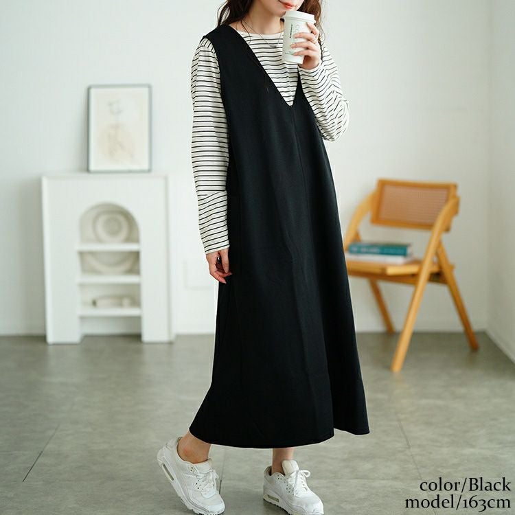 大きいサイズ レディース ジャンパースカート＆ボーダーロンT2点セット　cast-5556022