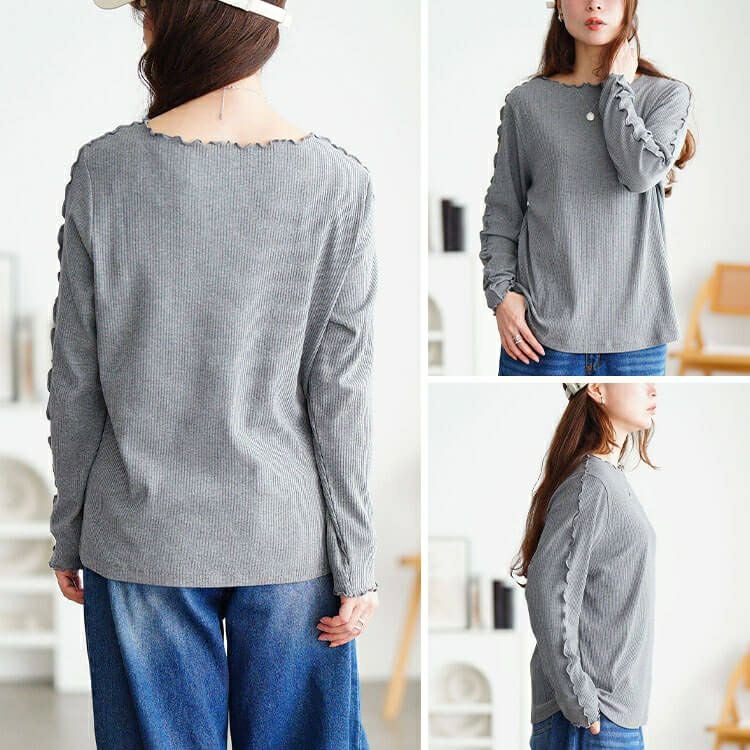 大きいサイズ レディース クルーネックショルダーメローリブトップス　cpdai-651064 【メール便可】