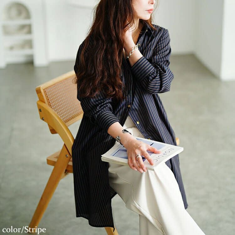 大きいサイズ レディース 胸ポケットストライプシャツチュニック　cpdai-640856 【メール便可】