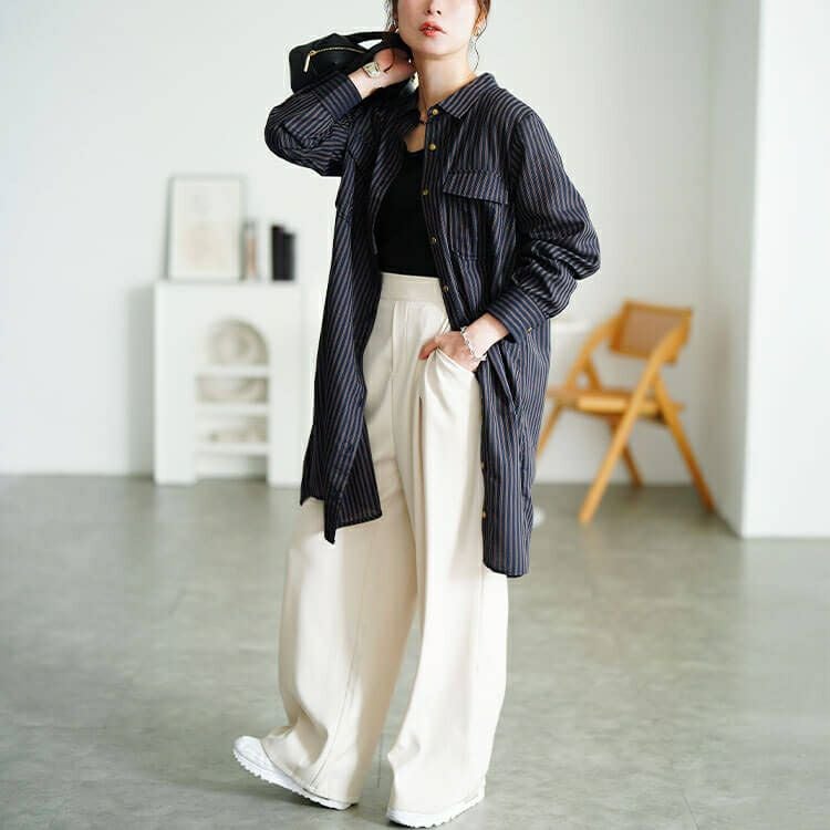 大きいサイズ レディース 胸ポケットストライプシャツチュニック　cpdai-640856 【メール便可】