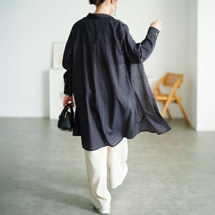 大きいサイズ レディース 胸ポケットストライプシャツチュニック　cpdai-640856 【メール便可】