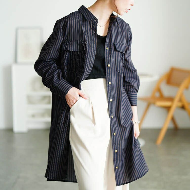 大きいサイズ レディース 胸ポケットストライプシャツチュニック　cpdai-640856 【メール便可】