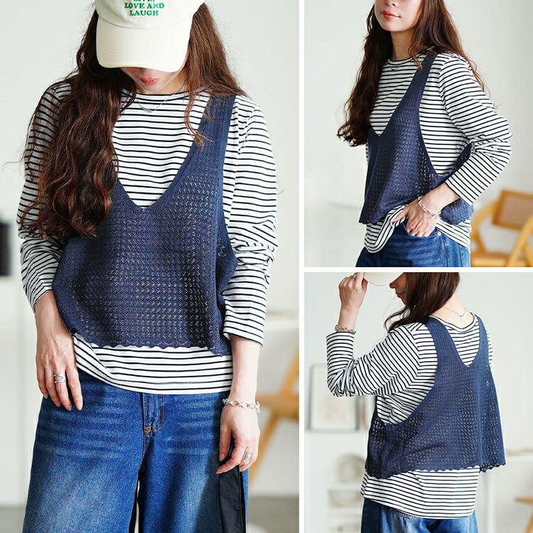 大きいサイズ レディース レース編みビスチェ＆コットンボーダーロンT2点セット　cpdai-640870 【メール便可】