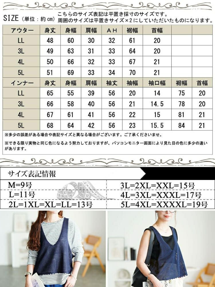 大きいサイズ レディース レース編みビスチェ＆コットンボーダーロンT2点セット　cpdai-640870 【メール便可】