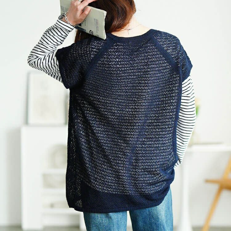 大きいサイズ レディース レース編みベスト＆コットンボーダーロンT2点セット　cpdai-640869 【メール便可】