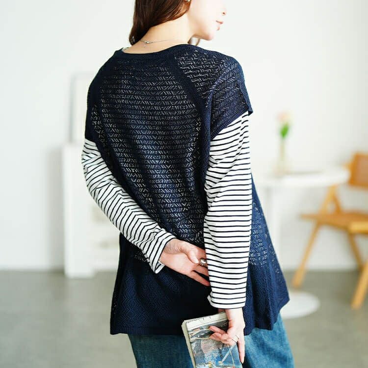 大きいサイズ レディース レース編みベスト＆コットンボーダーロンT2点セット　cpdai-640869 【メール便可】